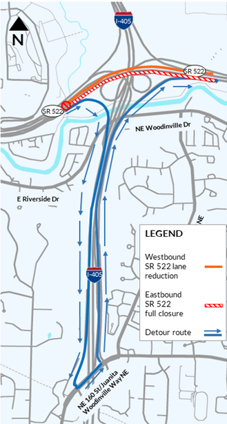 Map of the SR 522 construction areas and the detour route via I-405